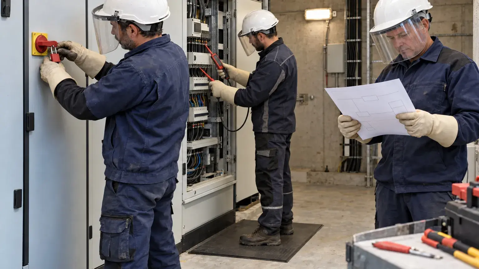 Électricien habilité consignant une armoire électrique avec cadenas et gants isolants