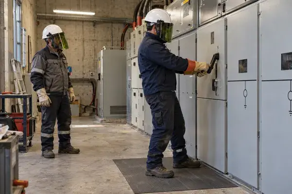 Salarié non-électricien en formation habilitation HE Manœuvre, équipé de gants isolants, devant une armoire électrique