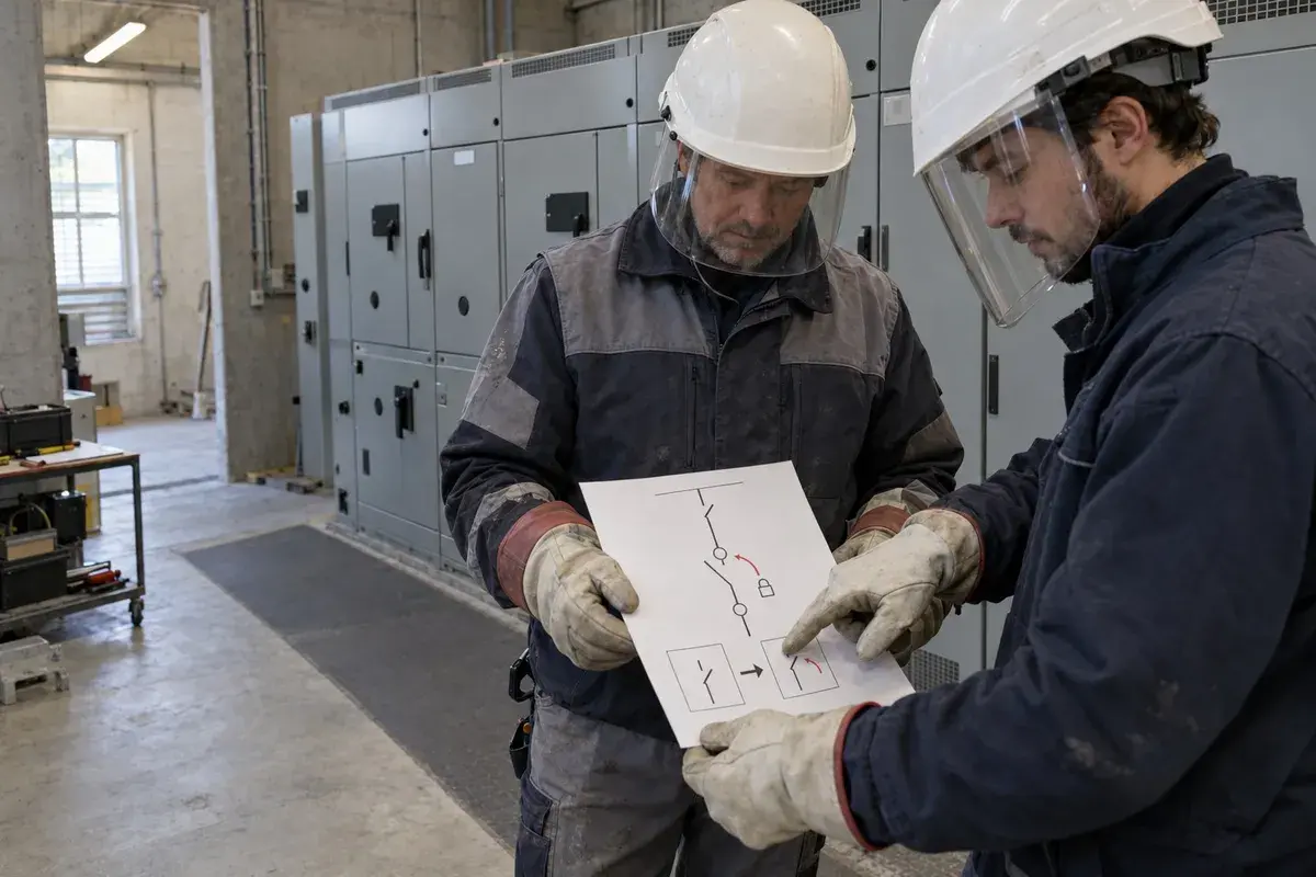 Salarié non-électricien en formation habilitation HE Manœuvre, équipé de gants isolants, devant une armoire électrique