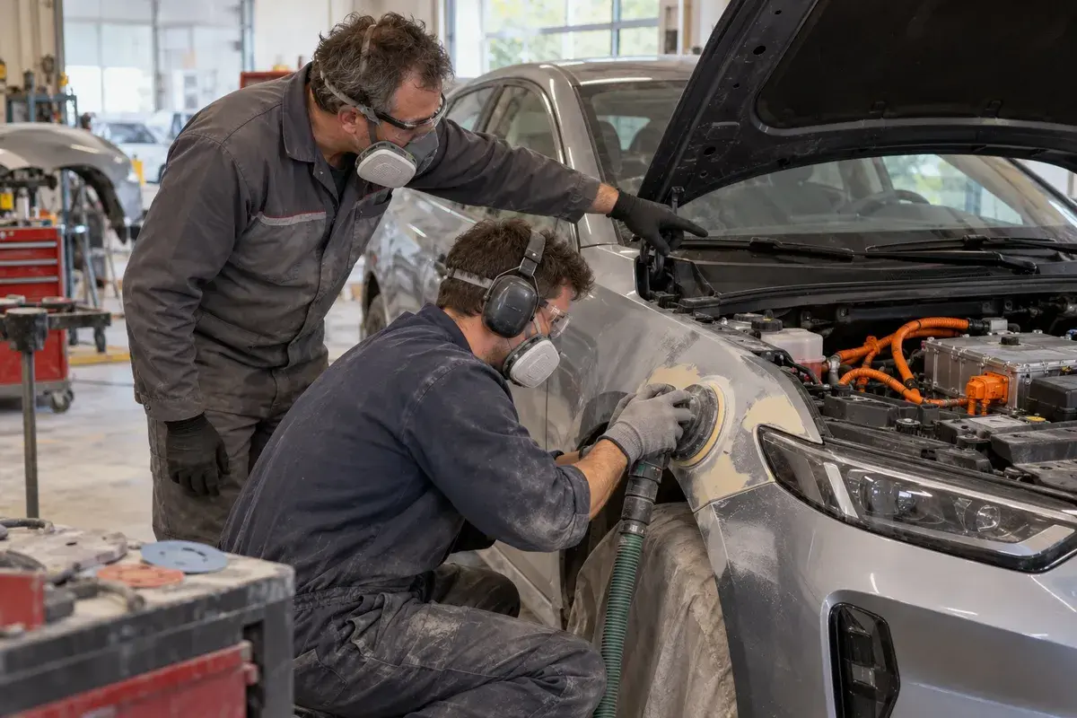 Technicien en formation habilitation B0L intervenant sur un véhicule électrique