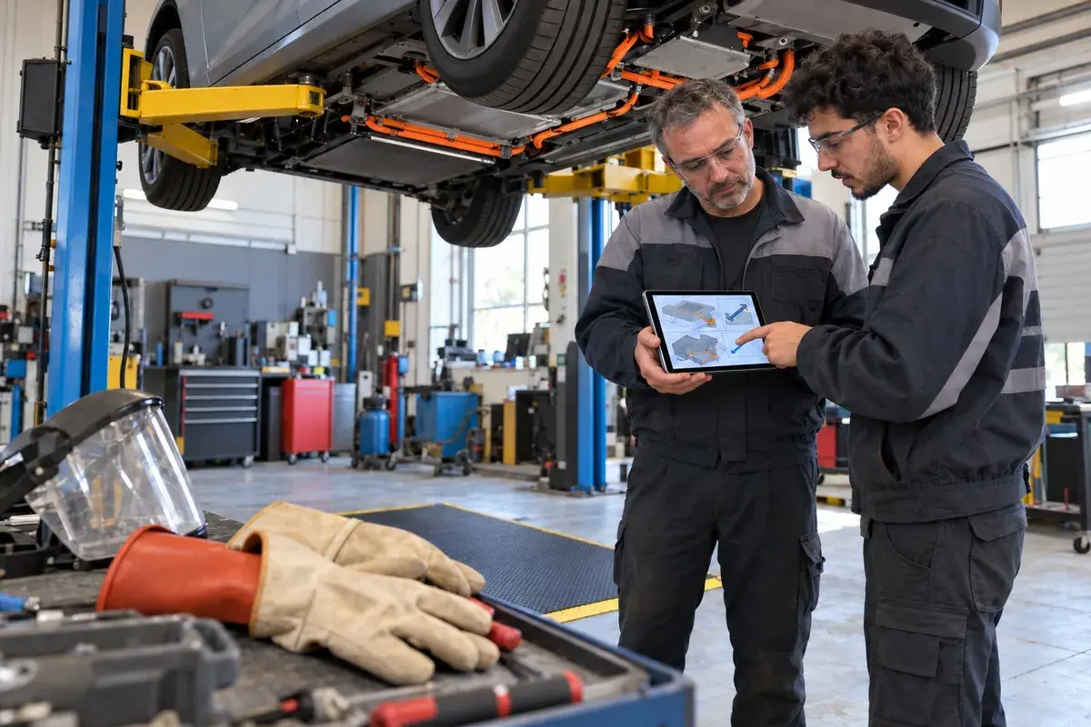 Technicien en formation habilitation B1L, B1VL, B2L, B2VL intervenant sur un véhicule électrique