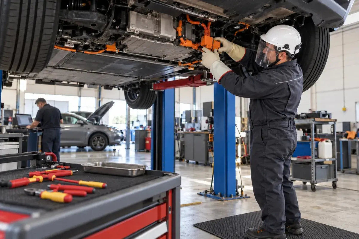 Technicien en formation habilitation B1L, B1VL, B2L, B2VL intervenant sur un véhicule électrique