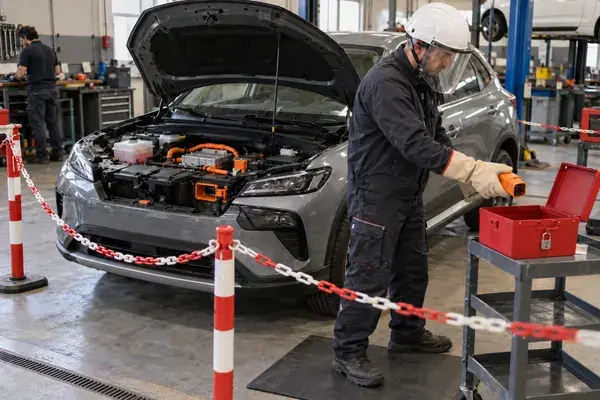 Technicien en formation habilitation BCL intervenant sur un véhicule électrique