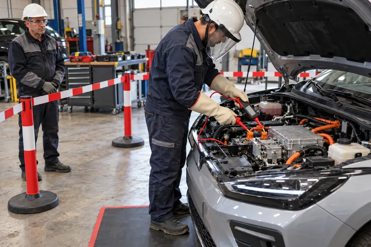 Technicien en formation habilitation BCL intervenant sur un véhicule électrique