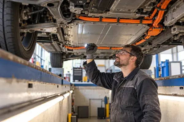 Technicien en formation habilitation B2XL Contrôle technique intervenant sur un véhicule électrique