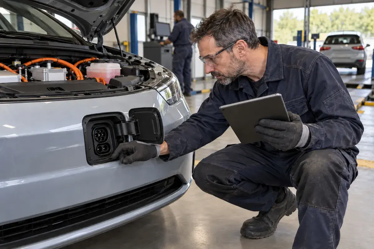 Technicien en formation habilitation B2XL Contrôle technique intervenant sur un véhicule électrique