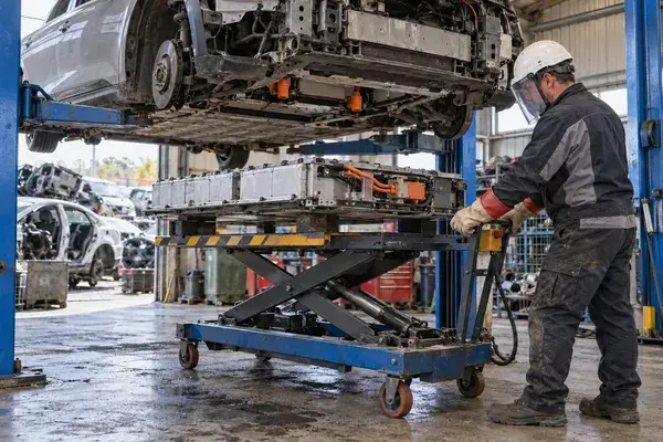 Technicien en formation habilitation B2XL Déconstruction intervenant sur un véhicule électrique