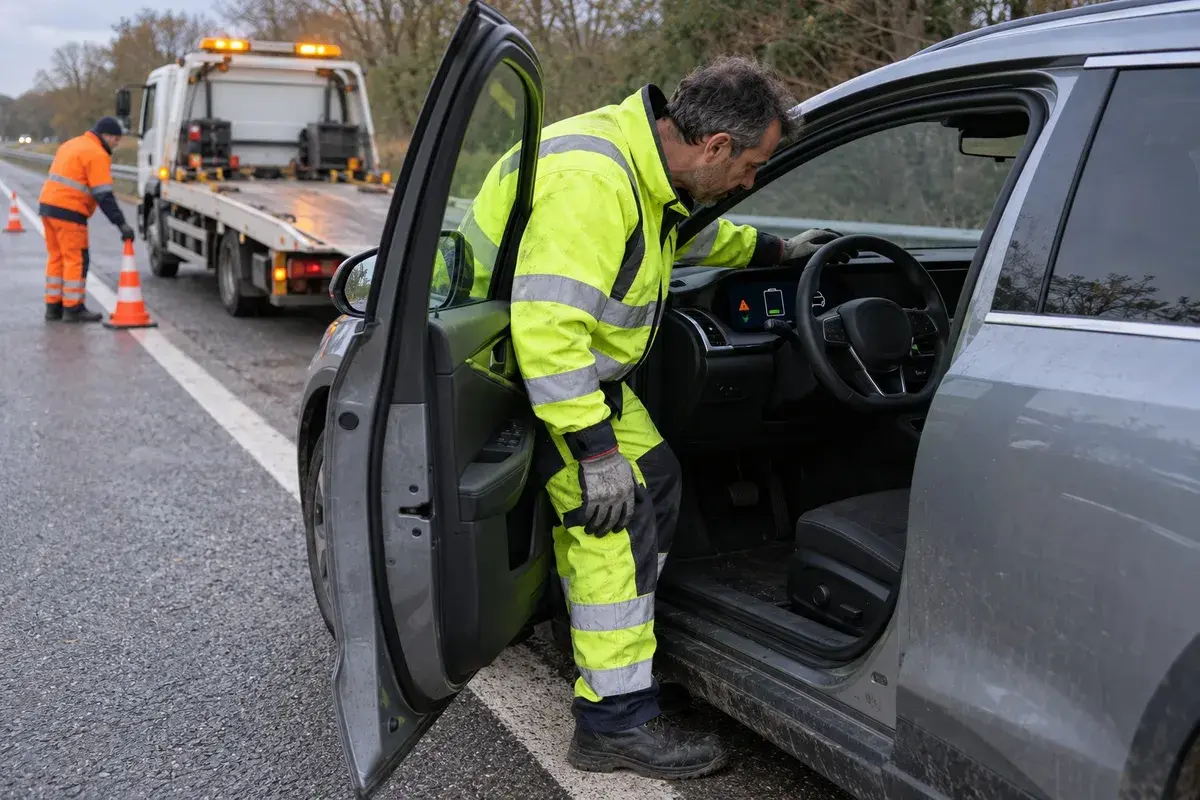 Technicien en formation habilitation B2XL Dépannage-remorquage intervenant sur un véhicule électrique