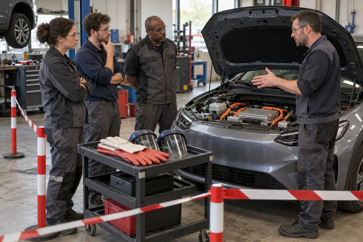 Technicien en formation habilitation B0L à B2VL et BCL intervenant sur un véhicule électrique
