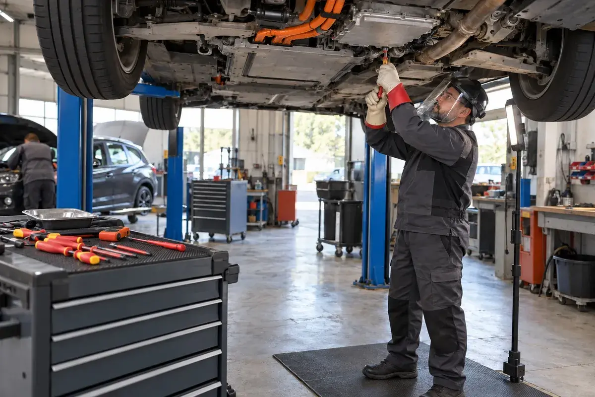 Technicien en formation habilitation B0L à B2VL et BCL intervenant sur un véhicule électrique