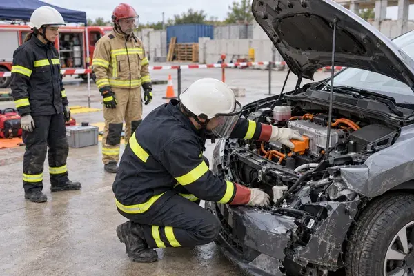 Technicien en formation habilitation B2XL Services de secours intervenant sur un véhicule électrique