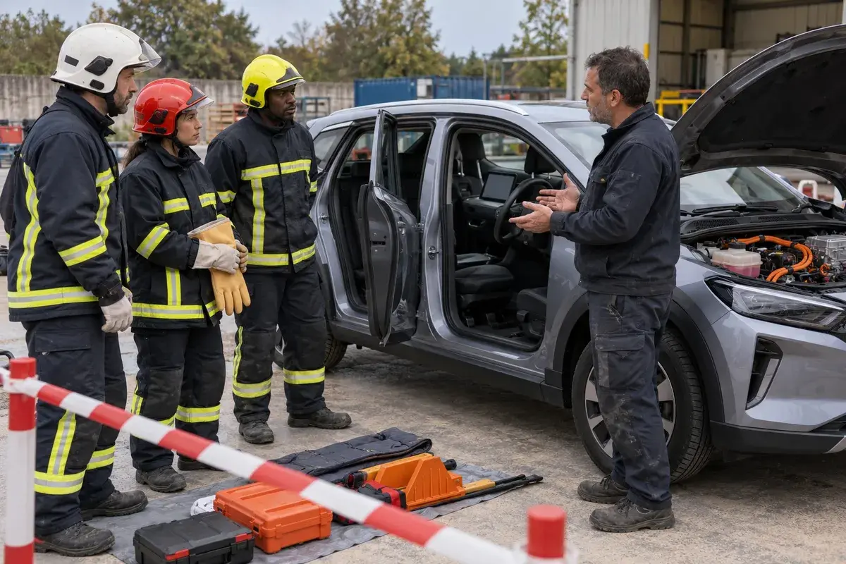 Technicien en formation habilitation B2XL Services de secours intervenant sur un véhicule électrique